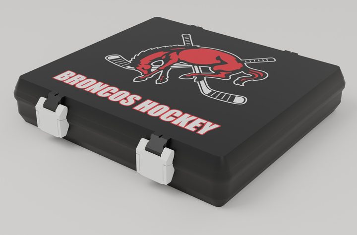 Closed black SnapLock box with Broncos Hockey lettering and white latches