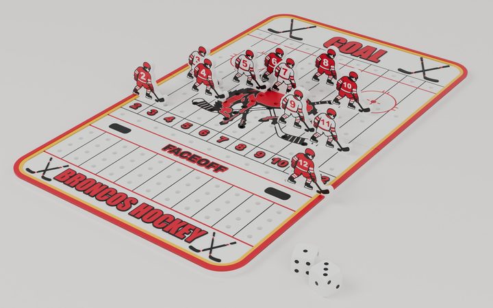 Broncos Hockey dice game board with numbered player pieces and two dice