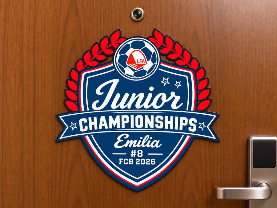 Junior Championships door sign, a blue shield with red laurels and a soccer ball, mounted on a wooden hotel room door