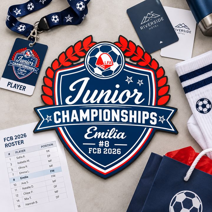 Junior Championships door sign laid flat with a player badge, team roster, room key cards and soccer socks