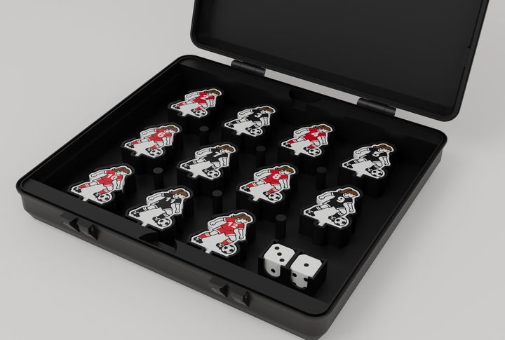 Open storage box with each soccer player piece and both dice in its own slot