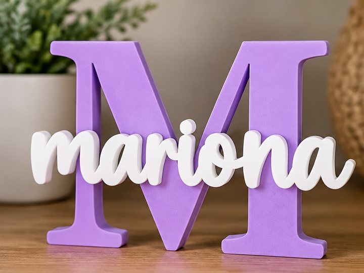 Personalized name letter: a purple M with mariona in white script