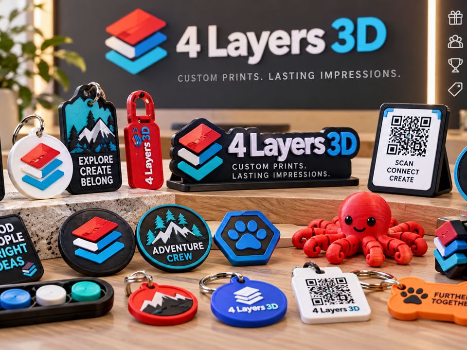 Branded keychains, tokens, a desk sign, a QR stand, an NFC tag and a flexi octopus