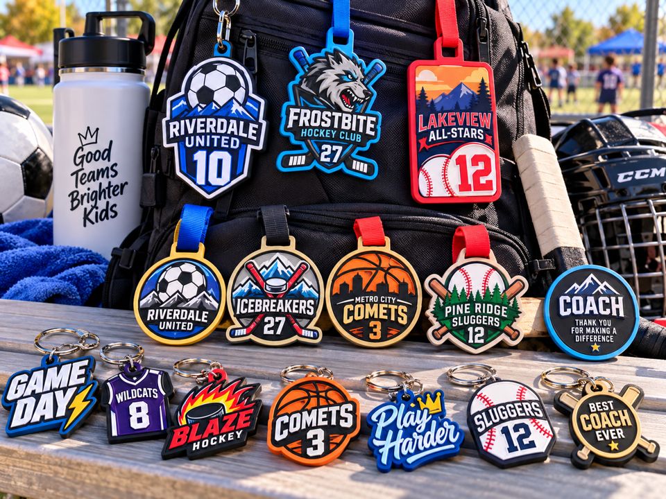 Team keychains, bag tags and coach gifts for soccer, hockey, basketball and baseball teams