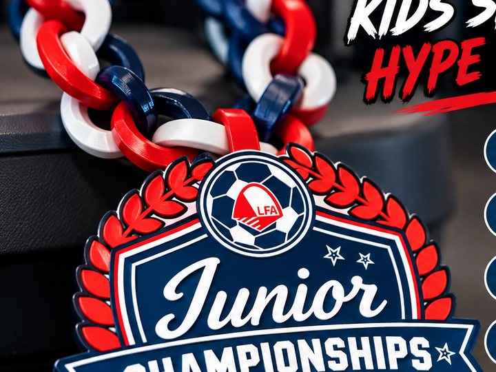 Red, white and navy hype chain with a Junior Championships soccer medallion