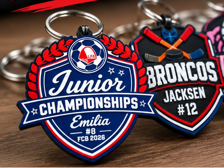 Custom team keychains with player names and numbers in team colors