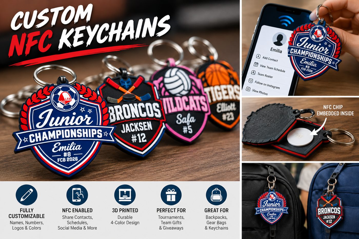 Custom NFC keychains for soccer, hockey, volleyball and basketball players, with a phone opening a contact page and a cutaway showing the NFC chip inside